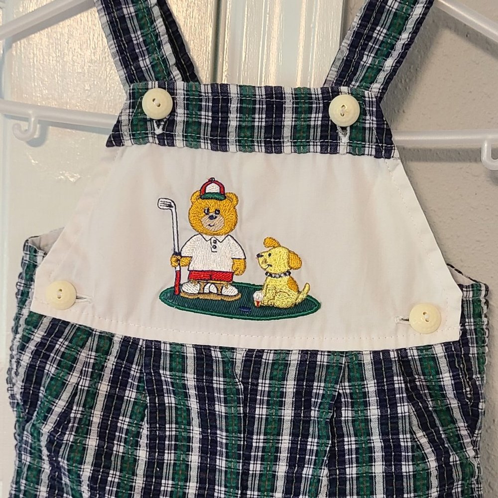 Navy and green plaid seersucker romper with golf applique and Golf buttons